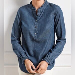 Talbots Indigo Ruffle-Neck Crystal Button Popover Top